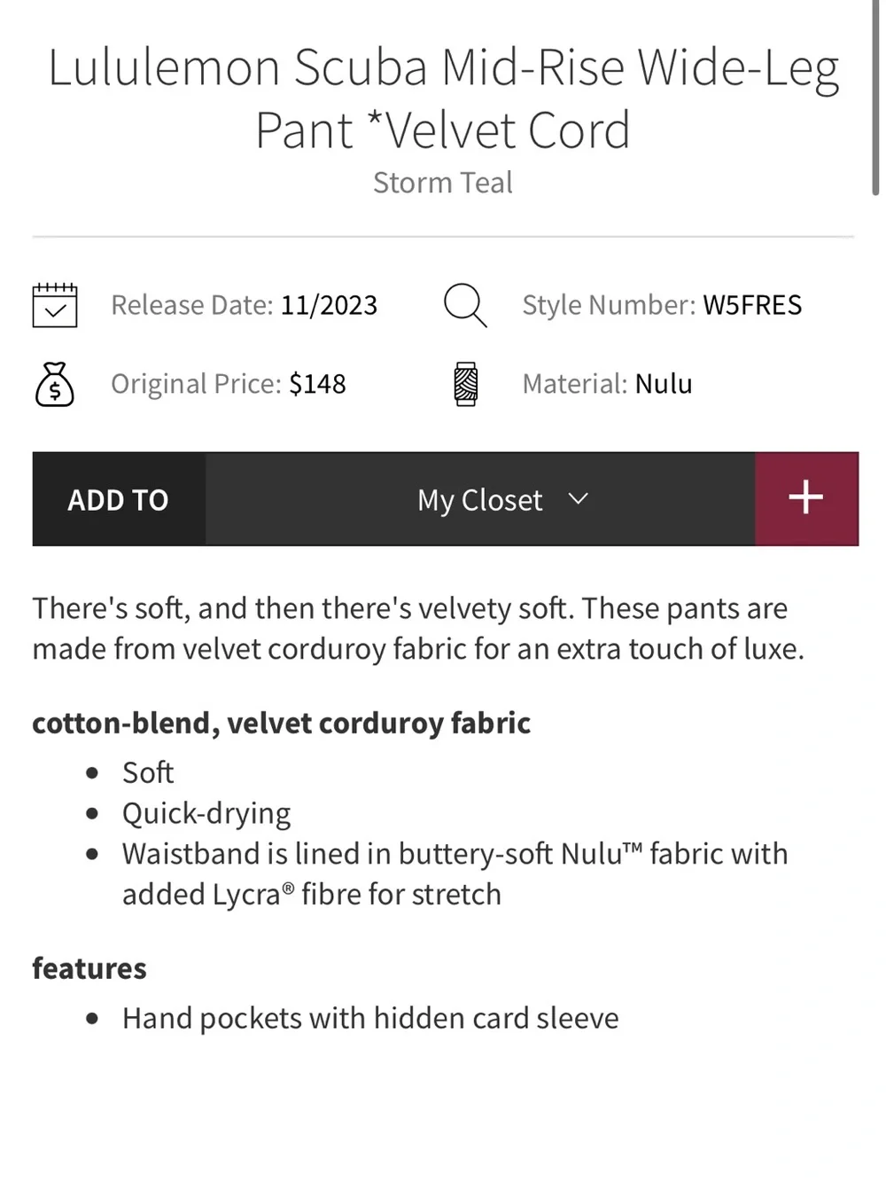 Lululemon Scuba Mid-Rise Wide-Leg Pant *Velvet Cord Storm Teal Size 4